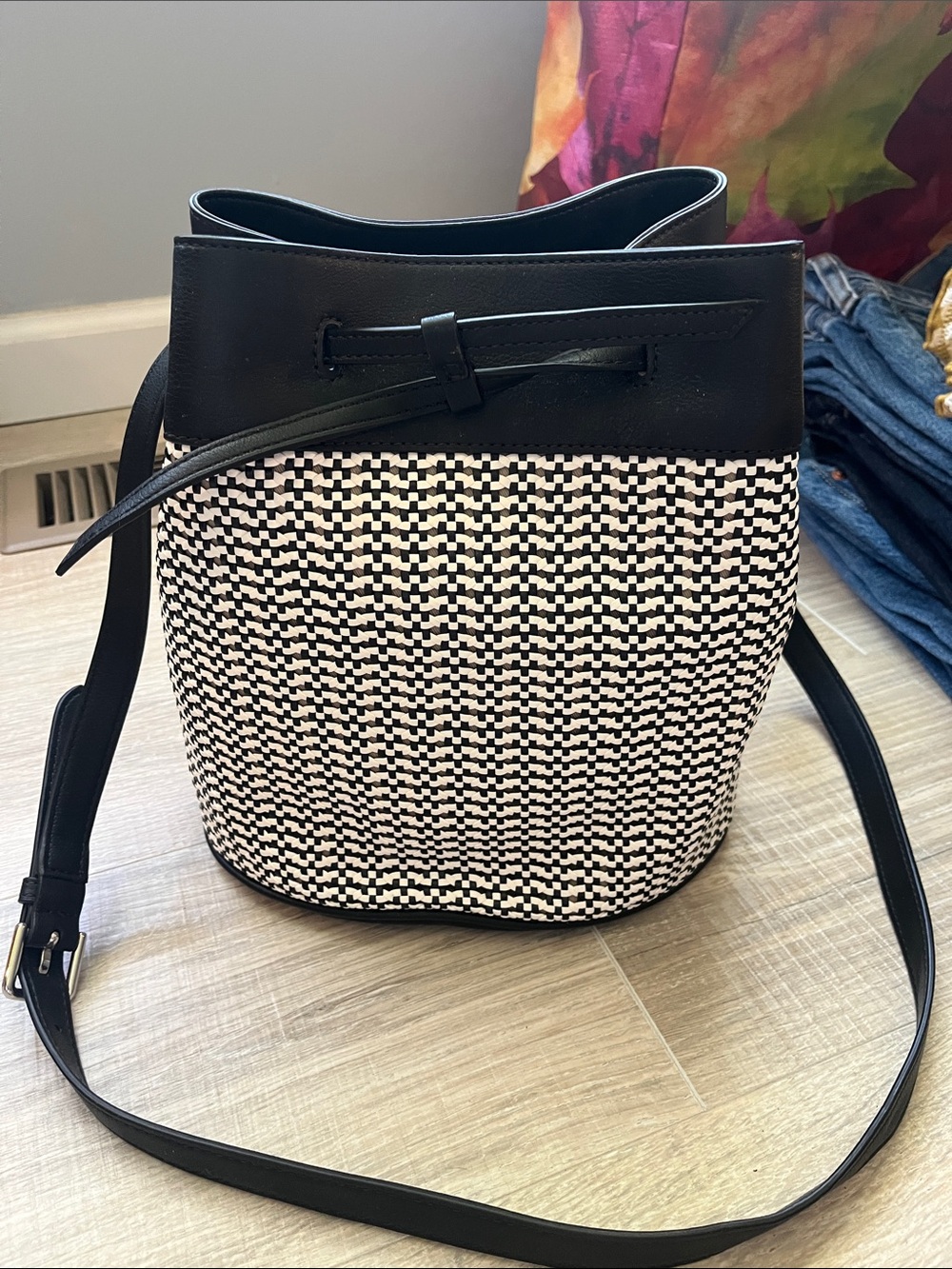Talbots Blue & White Woven Crossbody Bucket Bag